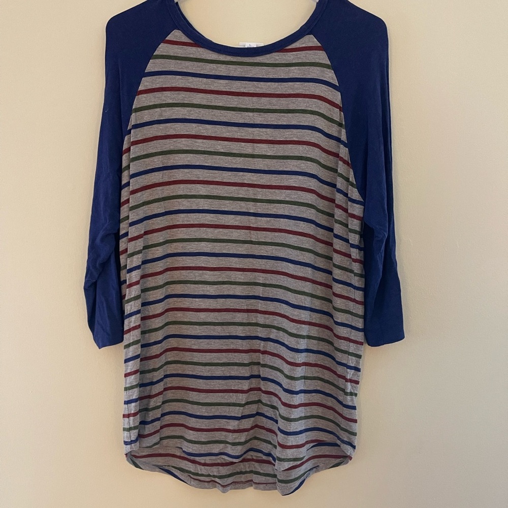LuLaRoe Randy Striped Raglan Top in Blue, Gray, Red and Green